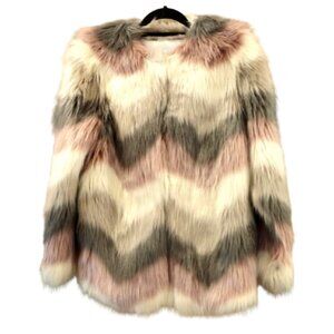 DONNA SALYERS FABULOUS FURS~Tibby Collarless~ FAUX FUR COAT~CHEVRON MULTI SZ SM
